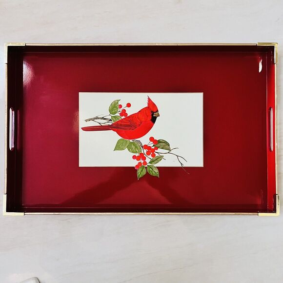 Vintage Otagiri Lacquerware Red Cardinal Berries Christmas Tray  w/Handles Japan - Picture 2 of 11